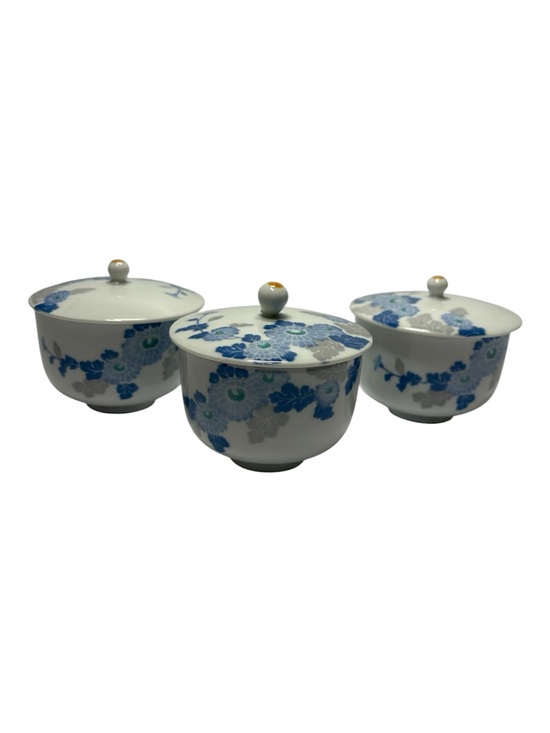 Other - Blue Floral Porcelain Lidded Tea Cups (Set of 3)